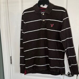 American Eagle The Eagle Polo Brown Striped Long Sleeve Shirt Size Medium